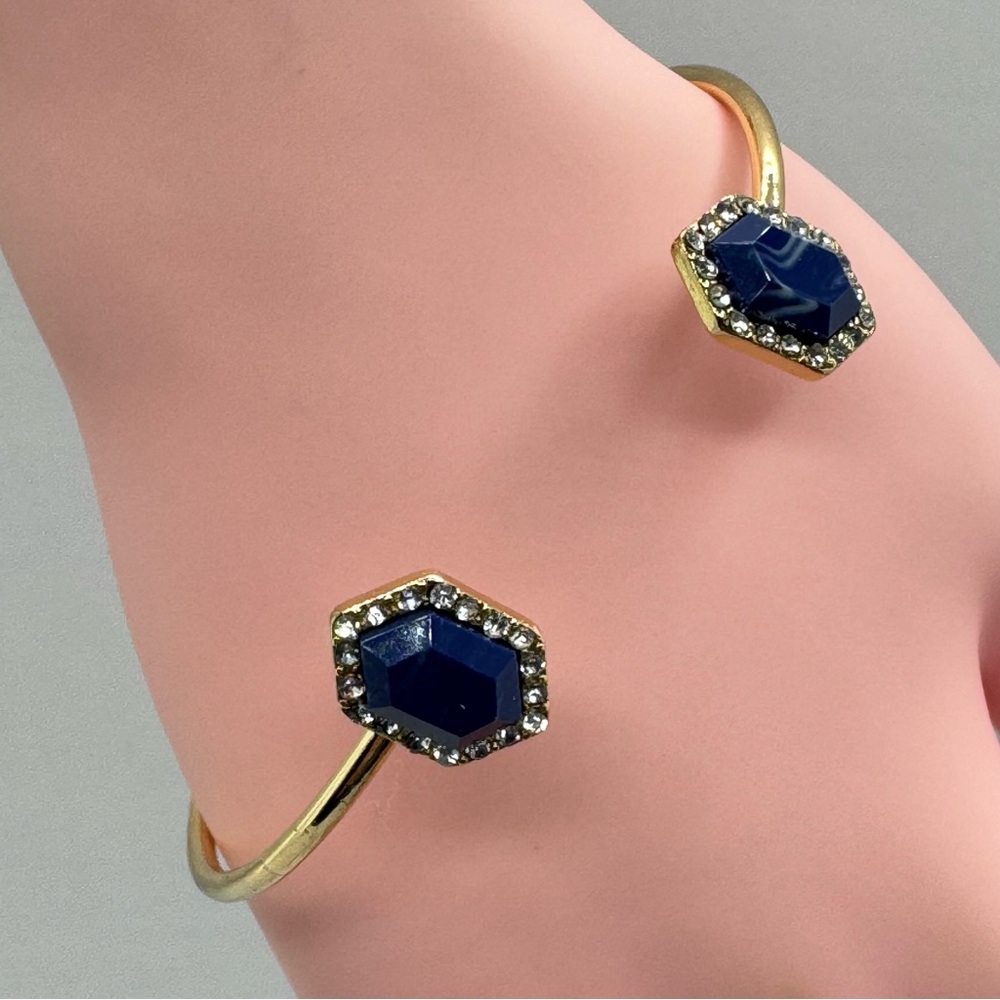 Gold Tone Blue Lucite Crystal Halo Cuff Bracelet Open Flexible Bangle
